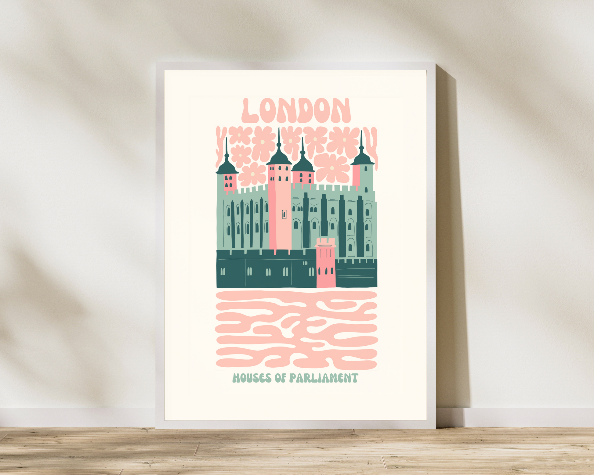 Houses of Parliament London Floral Retro 60s Hippie Travel Print Poster - Pitchers Design