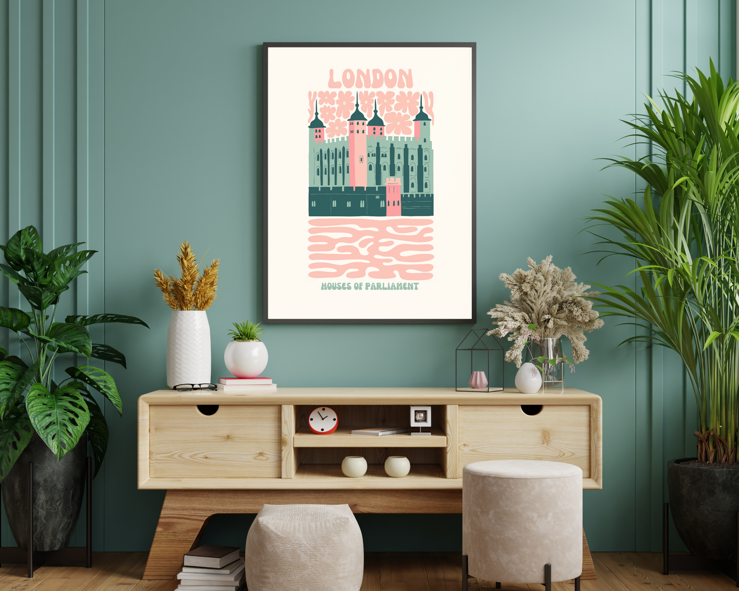 Houses of Parliament London Floral Retro 60s Hippie Travel Print Poster - Pitchers Design