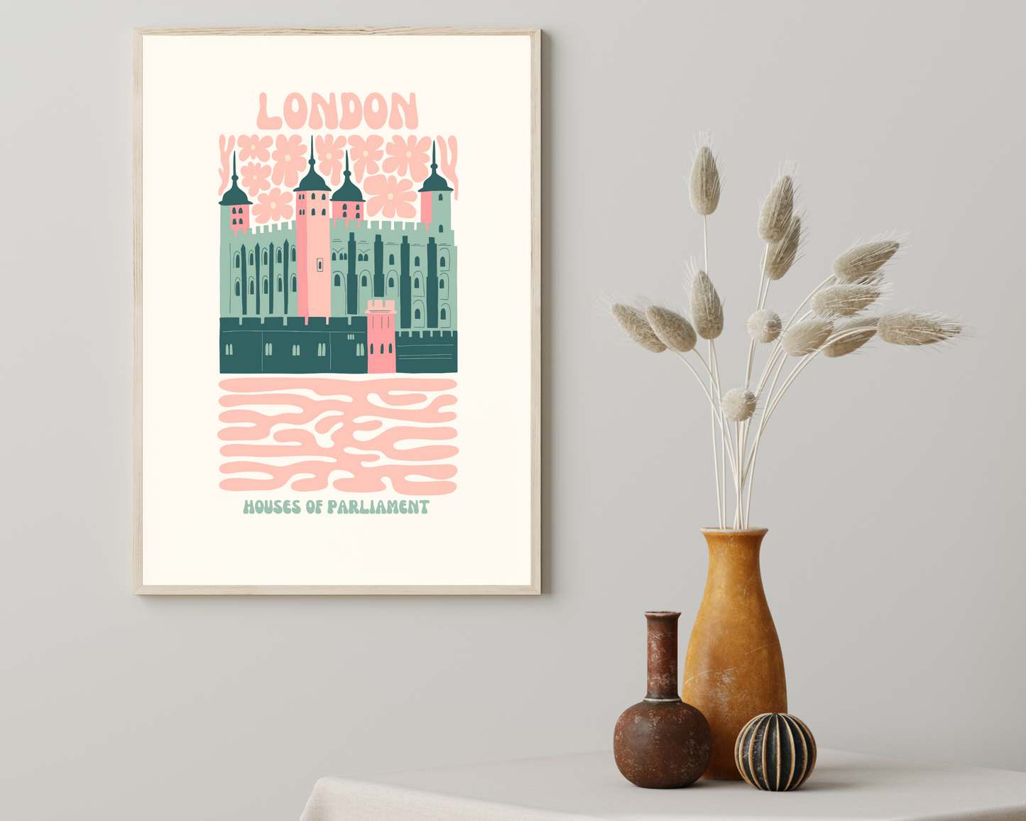 Houses of Parliament London Floral Retro 60s Hippie Travel Print Poster - Pitchers Design