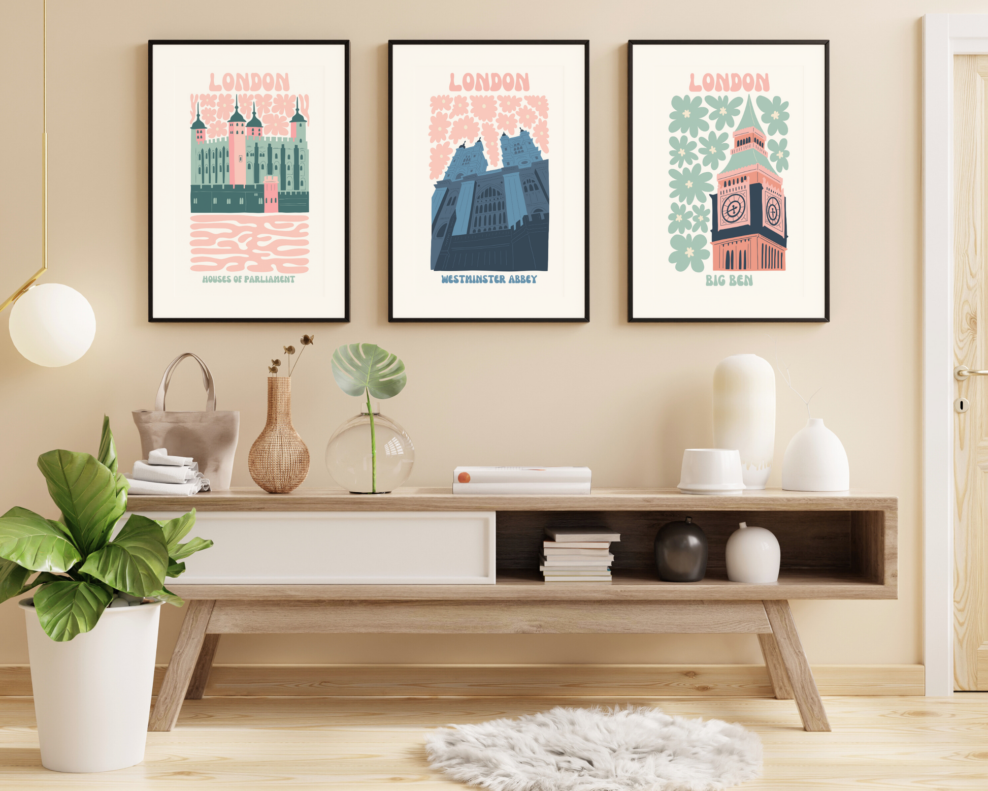 Houses of Parliament London Floral Retro 60s Hippie Travel Print Poster - Pitchers Design