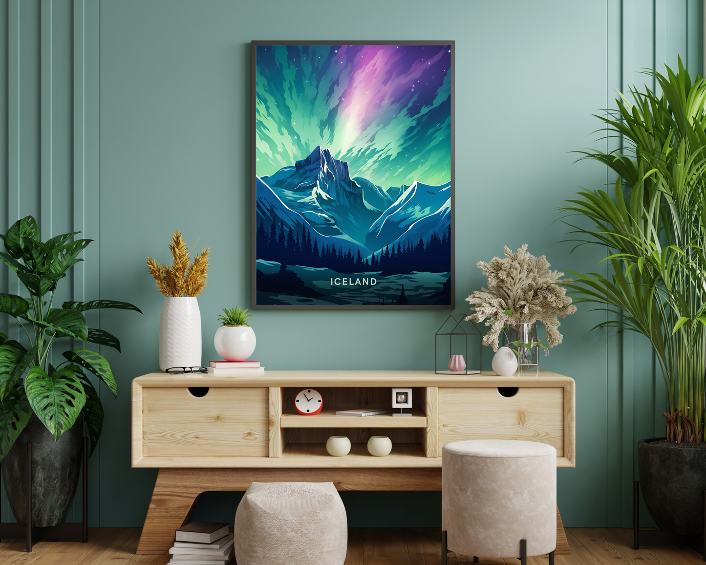 Iceland Reykjavik Northern Lights Travel Poster Print - Pitchers Design