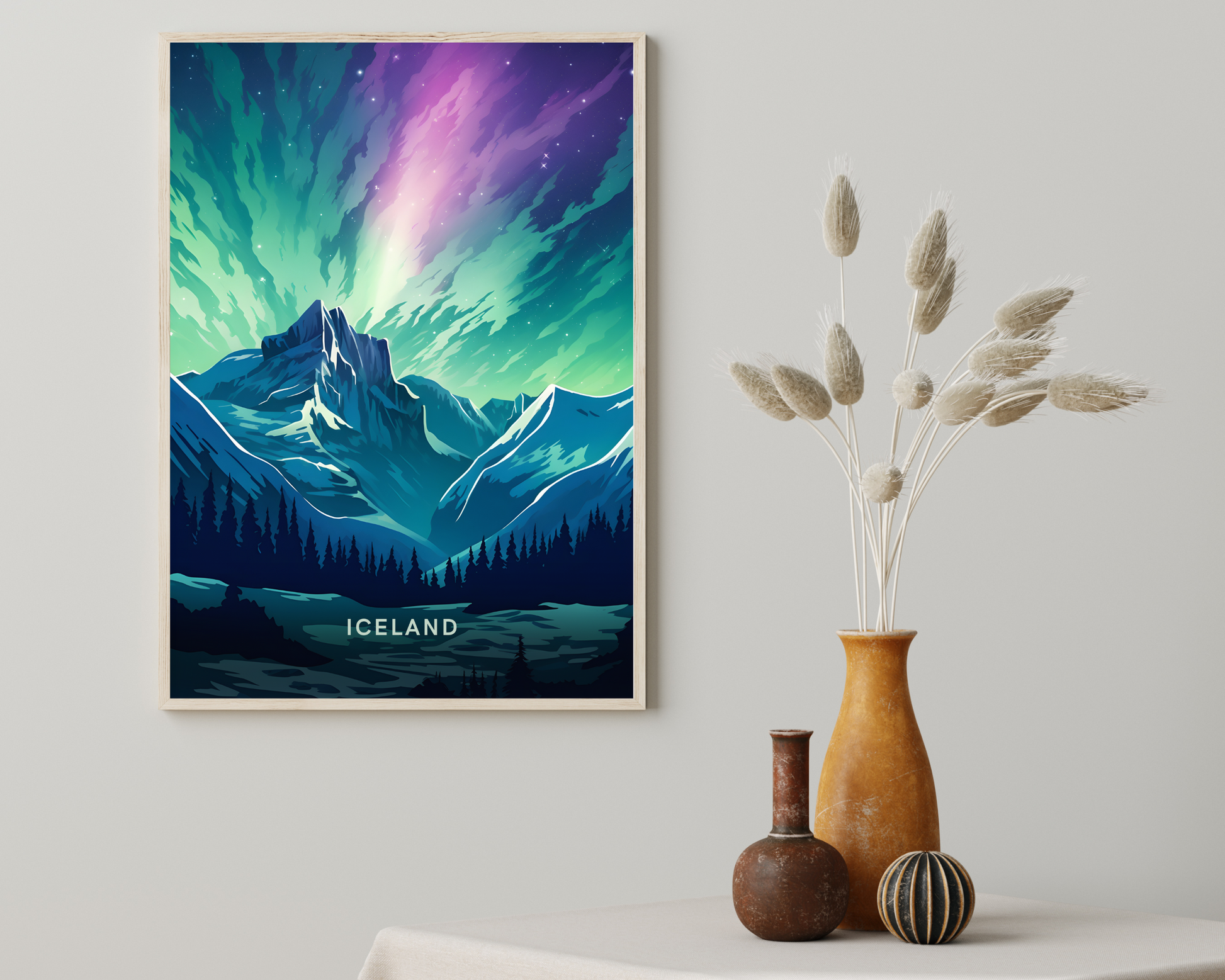 Iceland Reykjavik Northern Lights Travel Poster Print - Pitchers Design