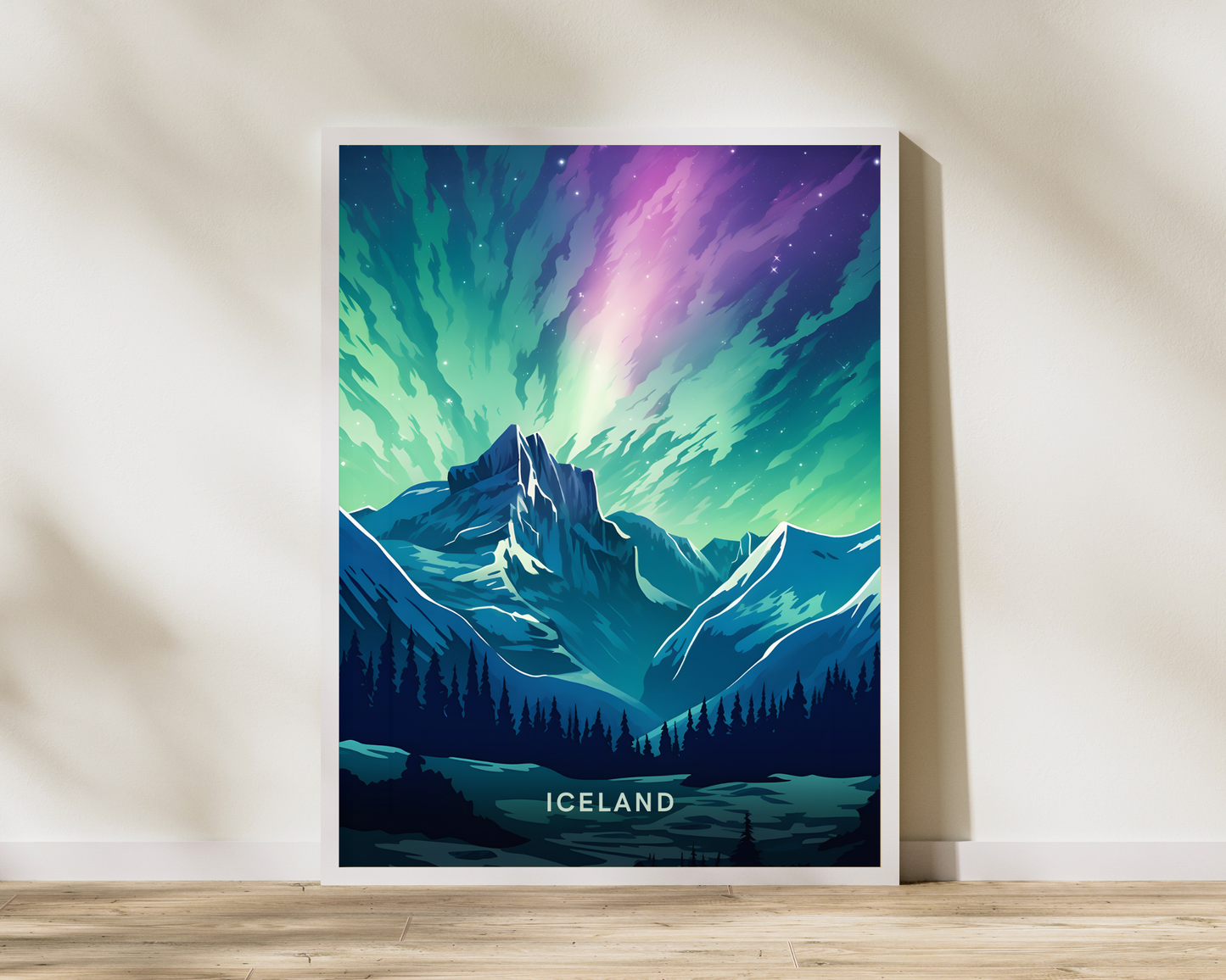 Iceland Reykjavik Northern Lights Travel Poster Print - Pitchers Design