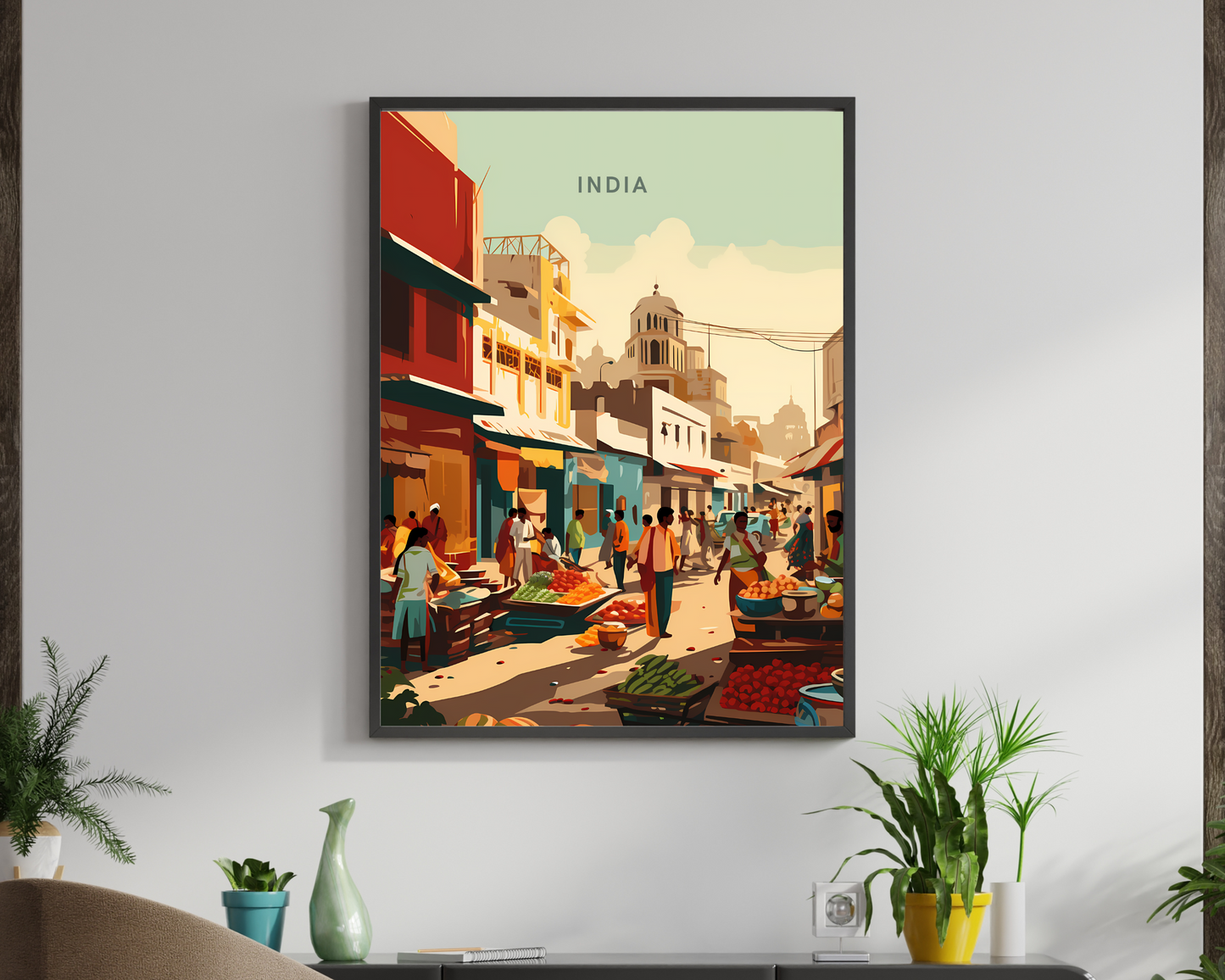 India Local Market Travel Poster Print - Pitchers Design