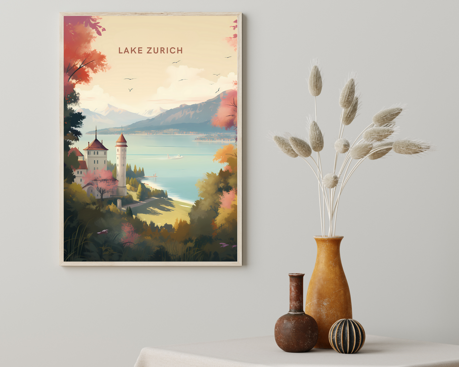 Lake Zurich Switzerland Travel Poster Print - Pitchers Design