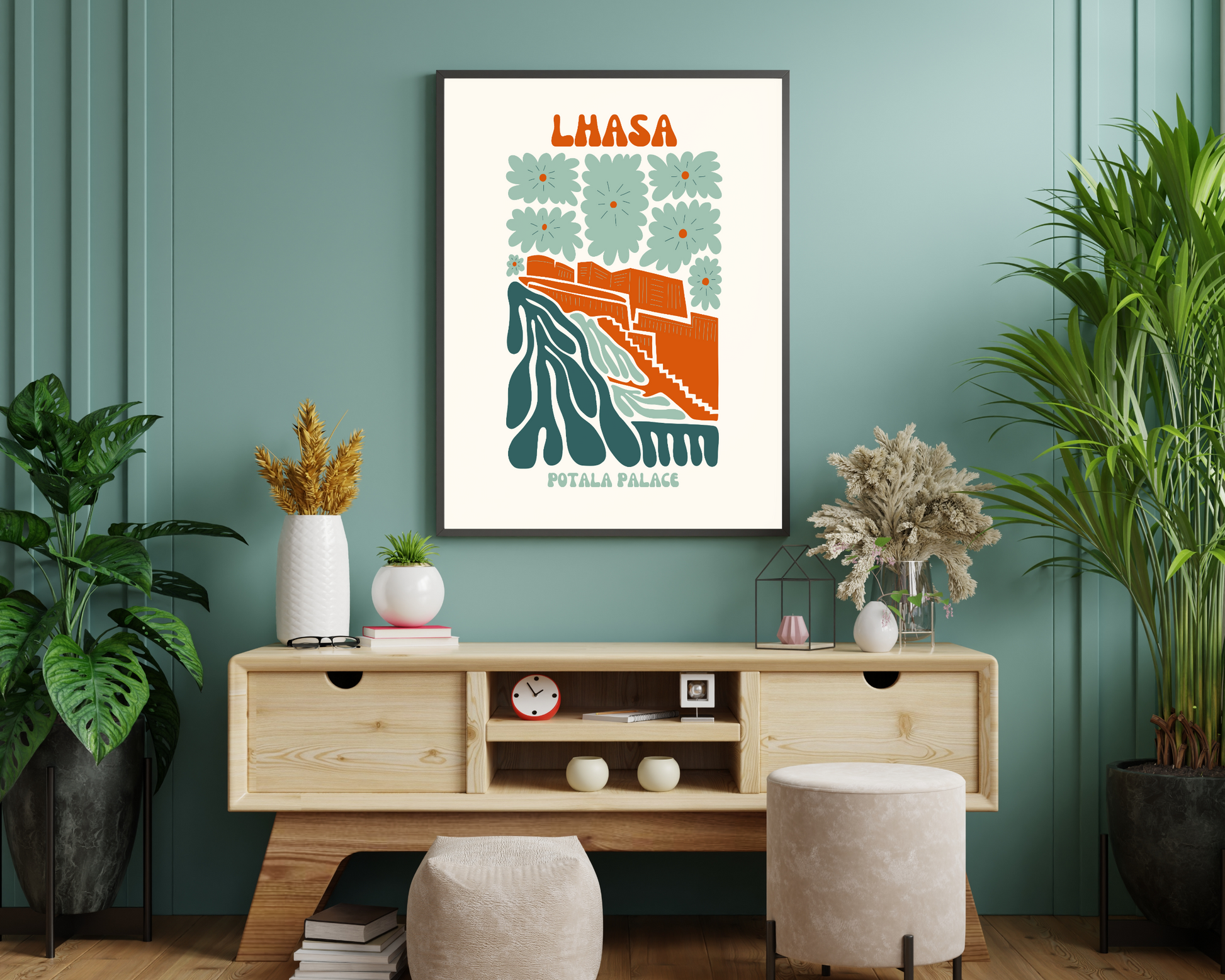 Lhasa Potala Palace Floral Retro 60s Hippie Travel Print Poster - Pitchers Design