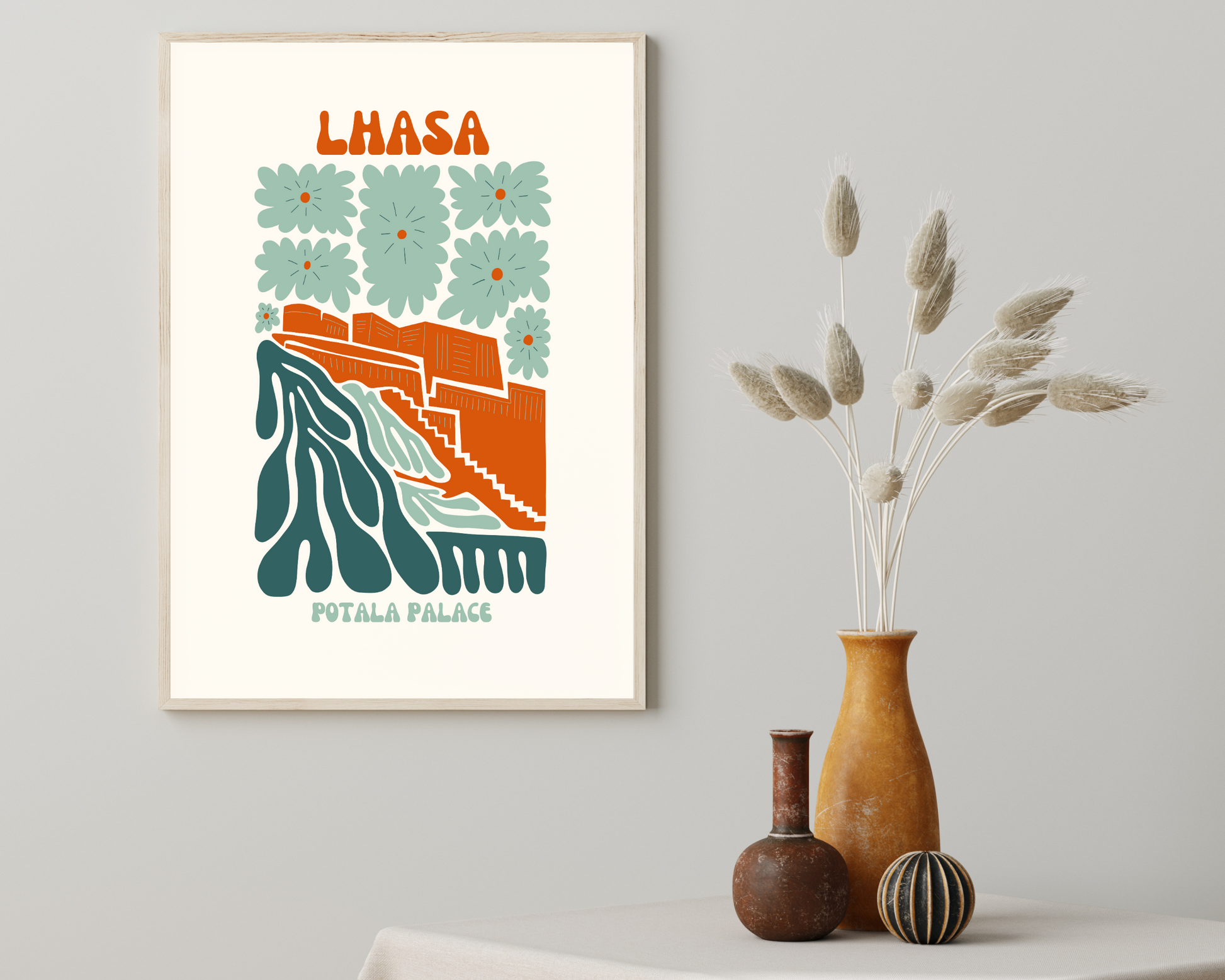 Lhasa Potala Palace Floral Retro 60s Hippie Travel Print Poster - Pitchers Design