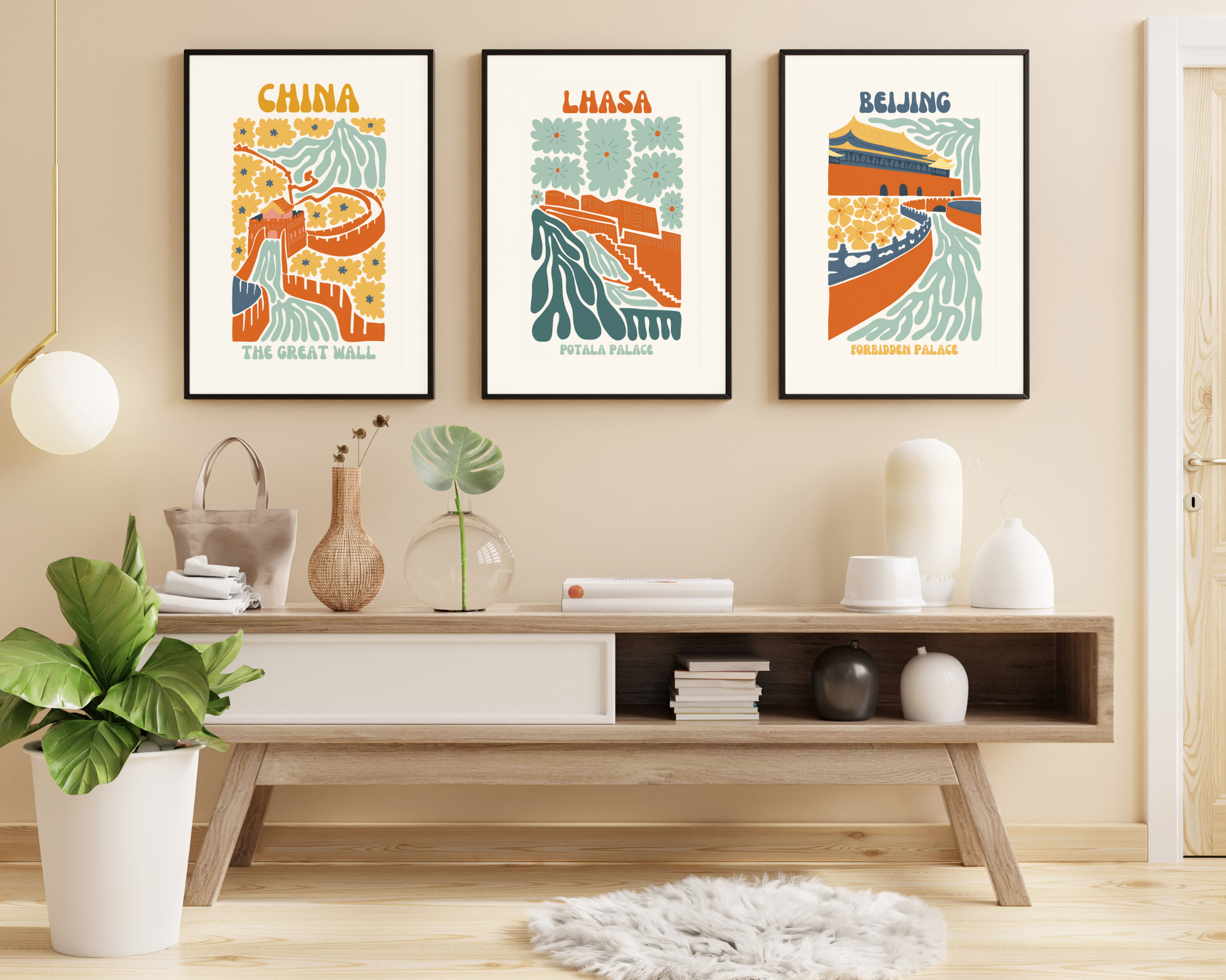 Lhasa Potala Palace Floral Retro 60s Hippie Travel Print Poster - Pitchers Design