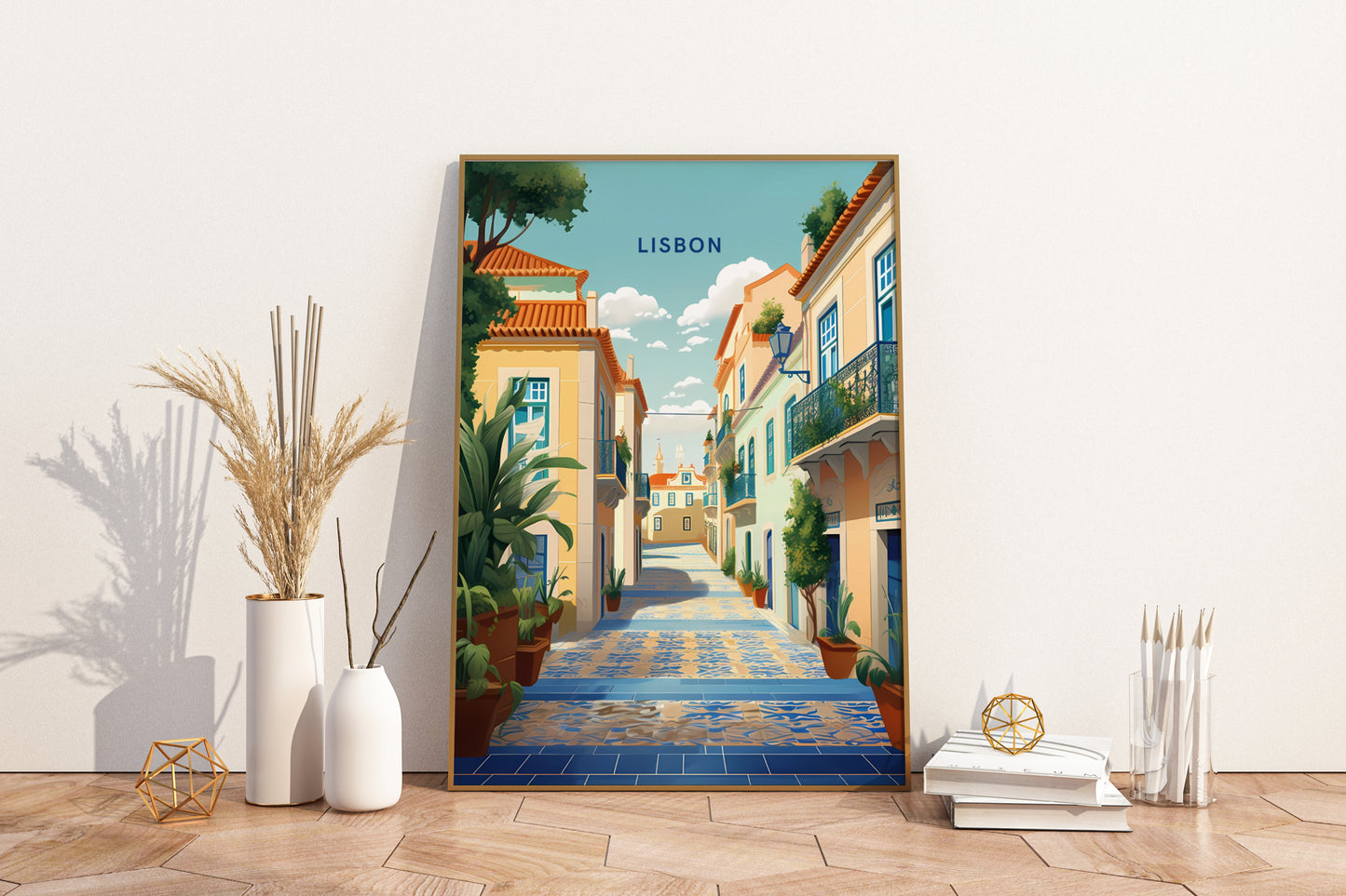 Streets of Lisbon Portugal Travel Print Poster - Pitchers Design