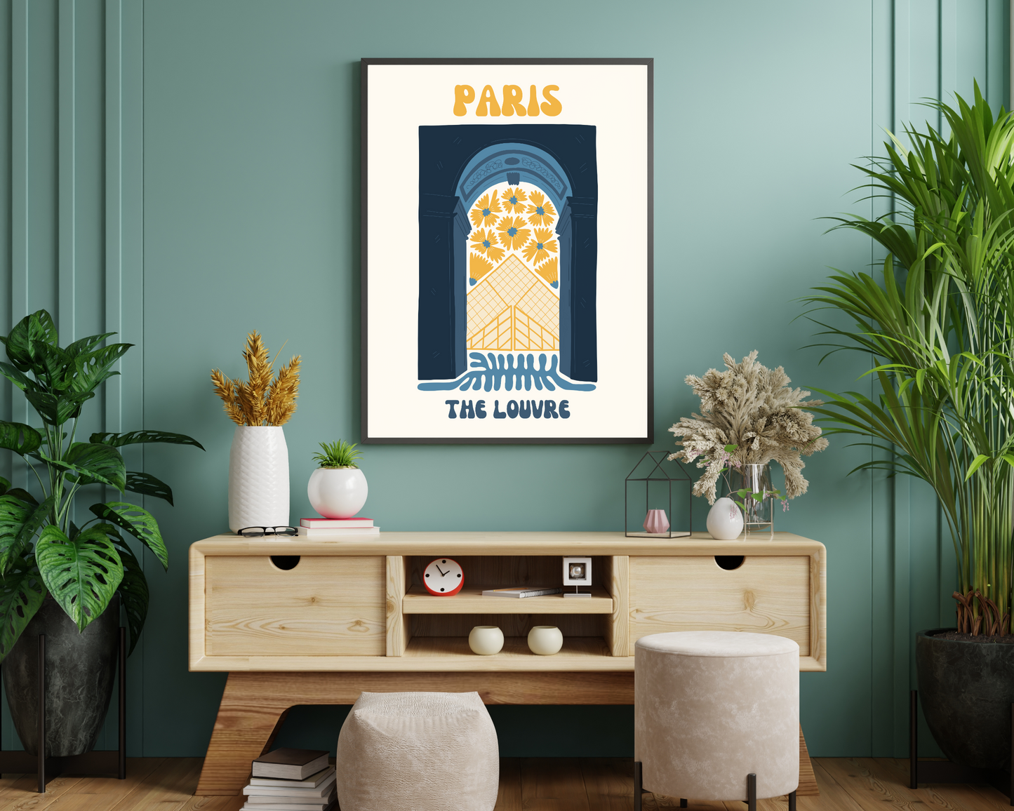 Louvre Paris Floral Retro 60s Hippie Travel Print Poster - Pitchers Design