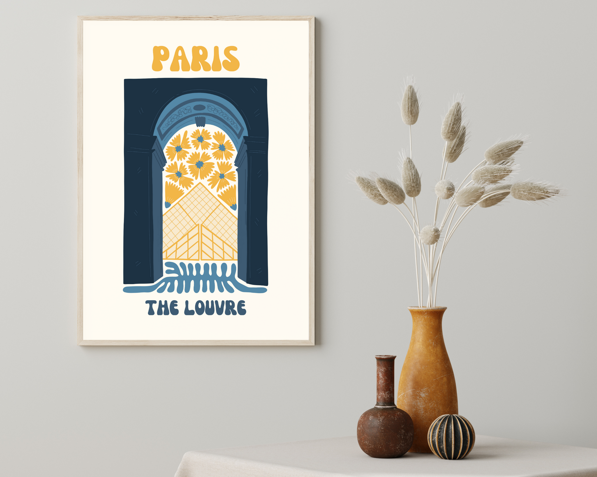 Louvre Paris Floral Retro 60s Hippie Travel Print Poster - Pitchers Design