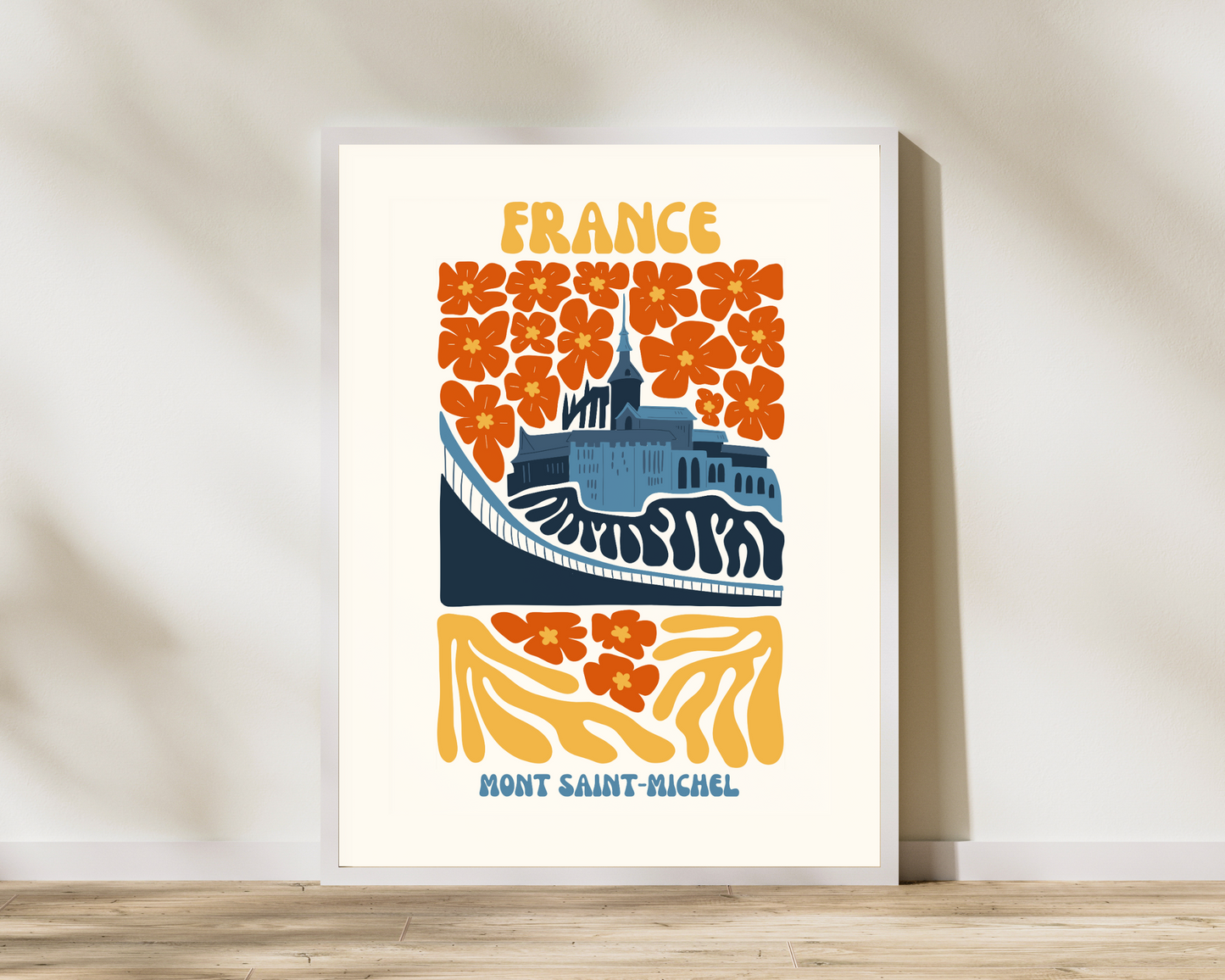 Mont Saint-Michel France Floral Retro 60s Hippie Travel Print Poster - Pitchers Design