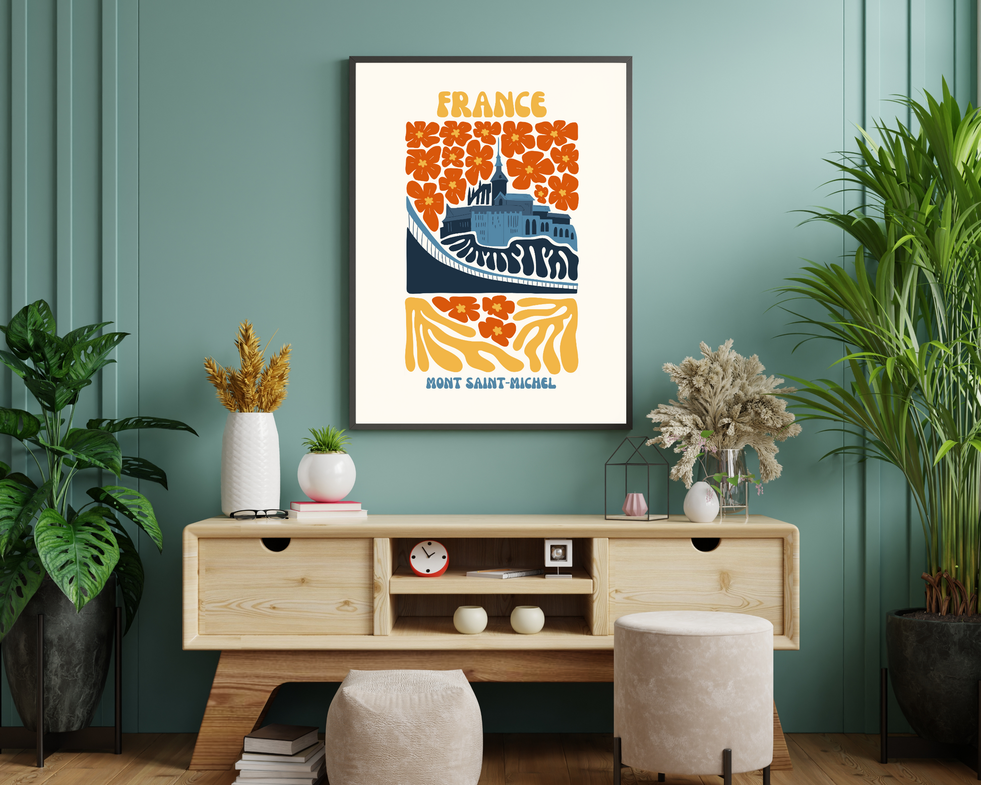 Mont Saint-Michel France Floral Retro 60s Hippie Travel Print Poster - Pitchers Design