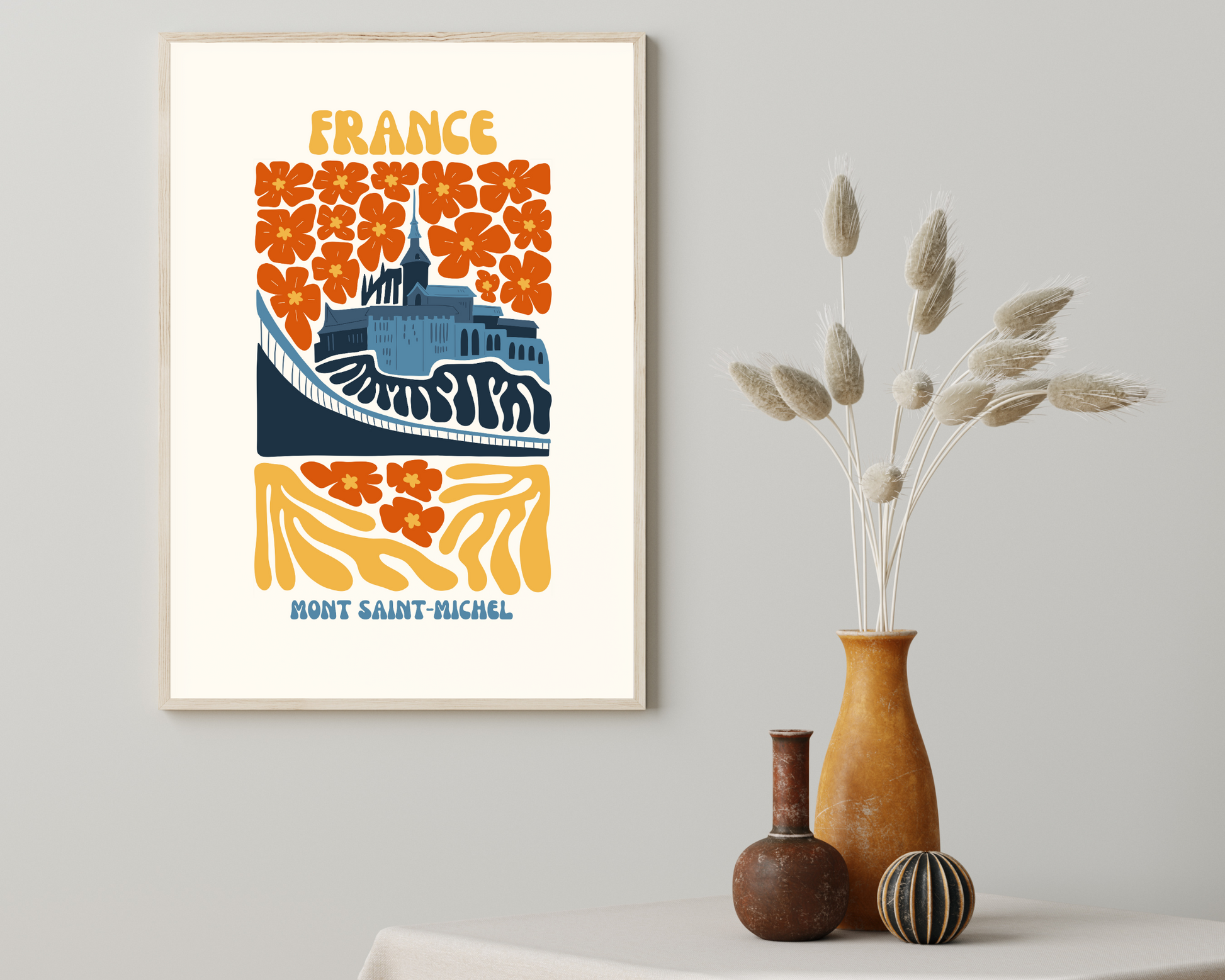 Mont Saint-Michel France Floral Retro 60s Hippie Travel Print Poster - Pitchers Design