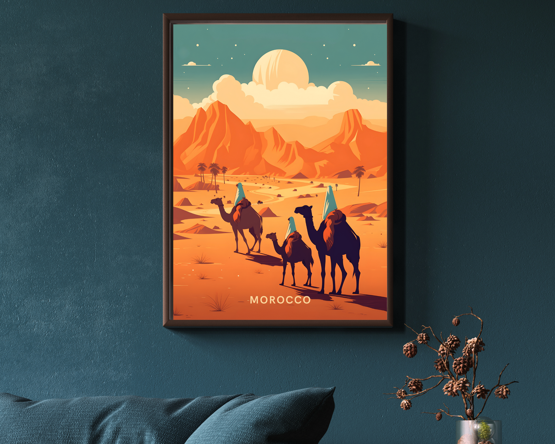 Morocco Sahara Desert Camels Travel Poster Print - Pitchers Design