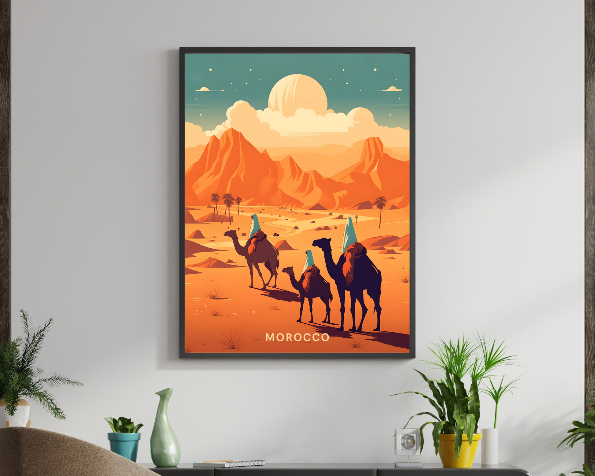 Morocco Sahara Desert Camels Travel Poster Print - Pitchers Design