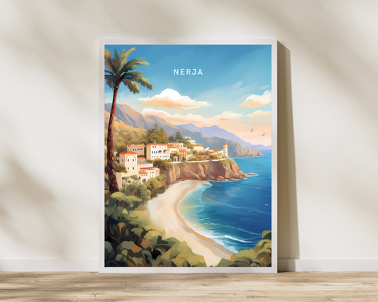 Nerja Burriana Beach Spain Travel Poster Print - Pitchers Design