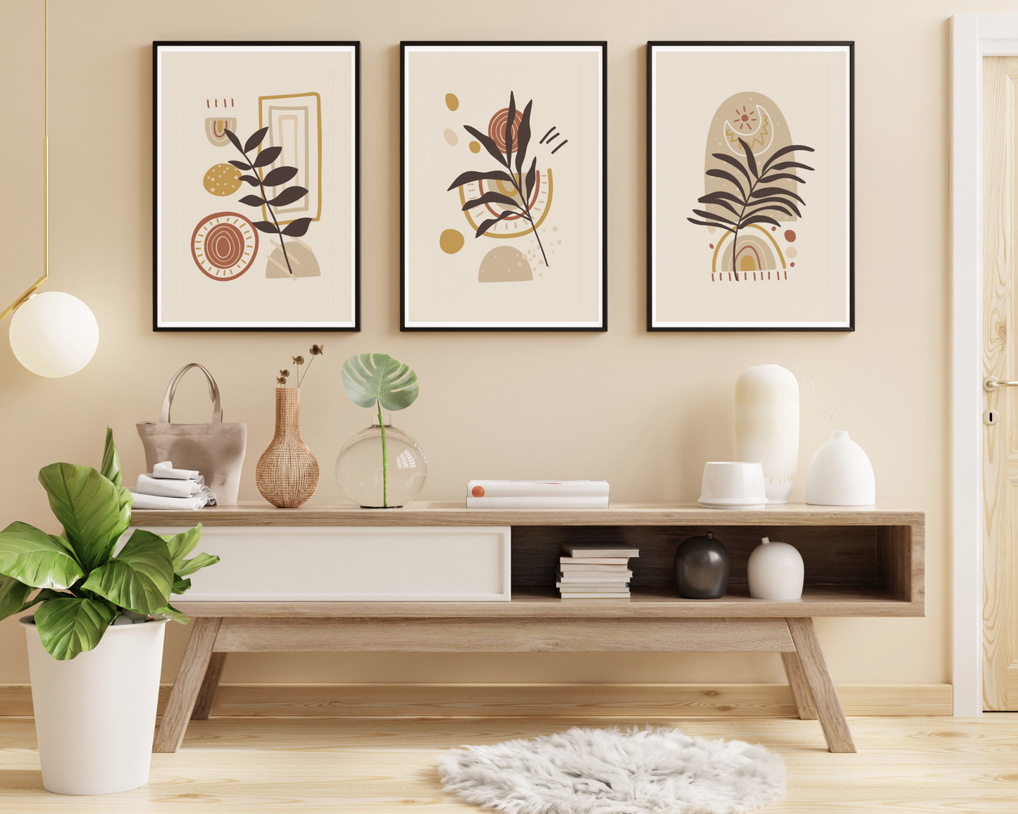 Set of 3 Neutral Boho Botanical Wall Art Prints - Pitchers Design