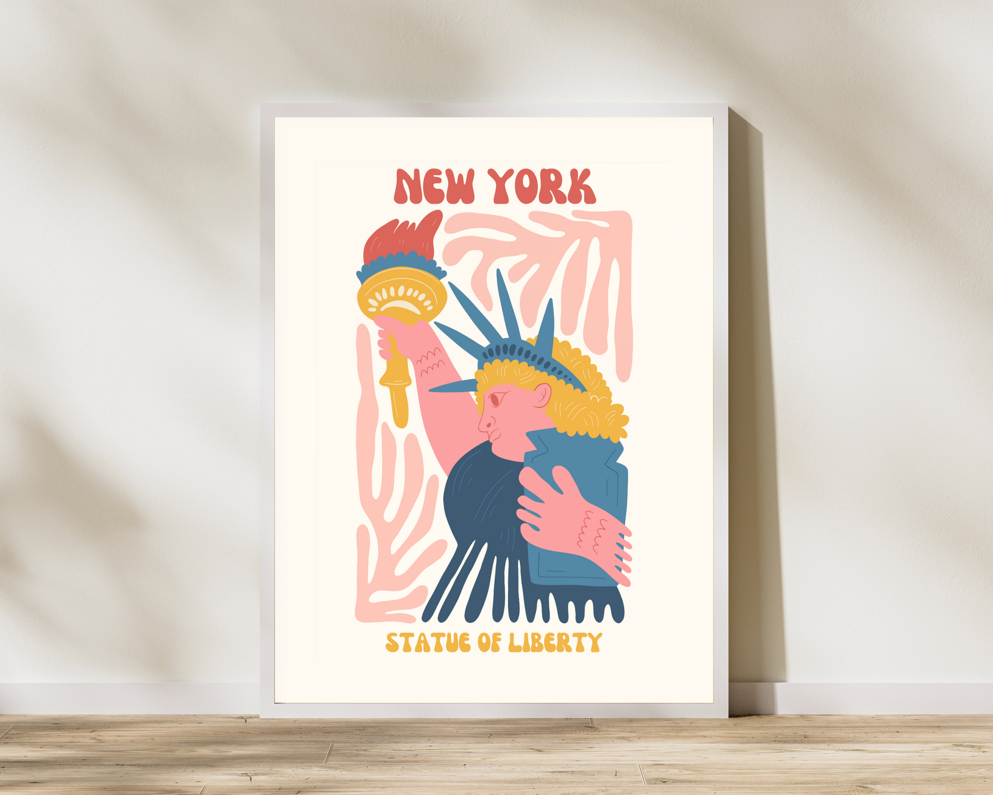 New York Statue of Liberty Floral Retro 60s Hippie Travel Print Poster - Pitchers Design