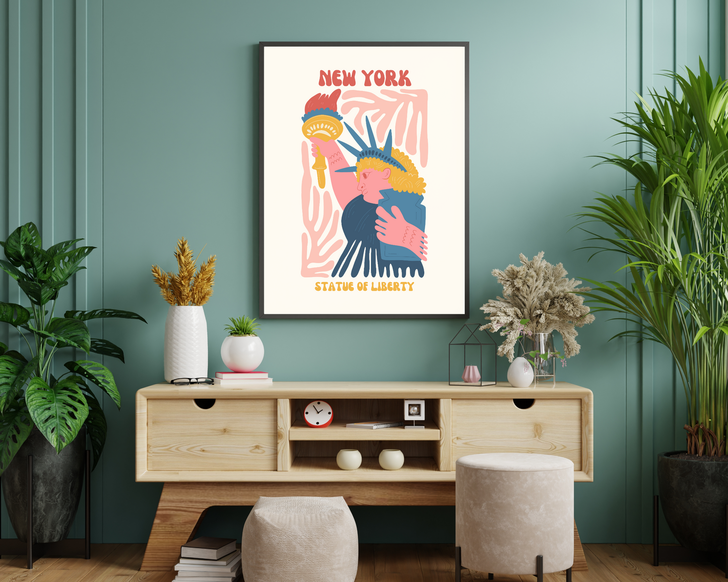 New York Statue of Liberty Floral Retro 60s Hippie Travel Print Poster - Pitchers Design