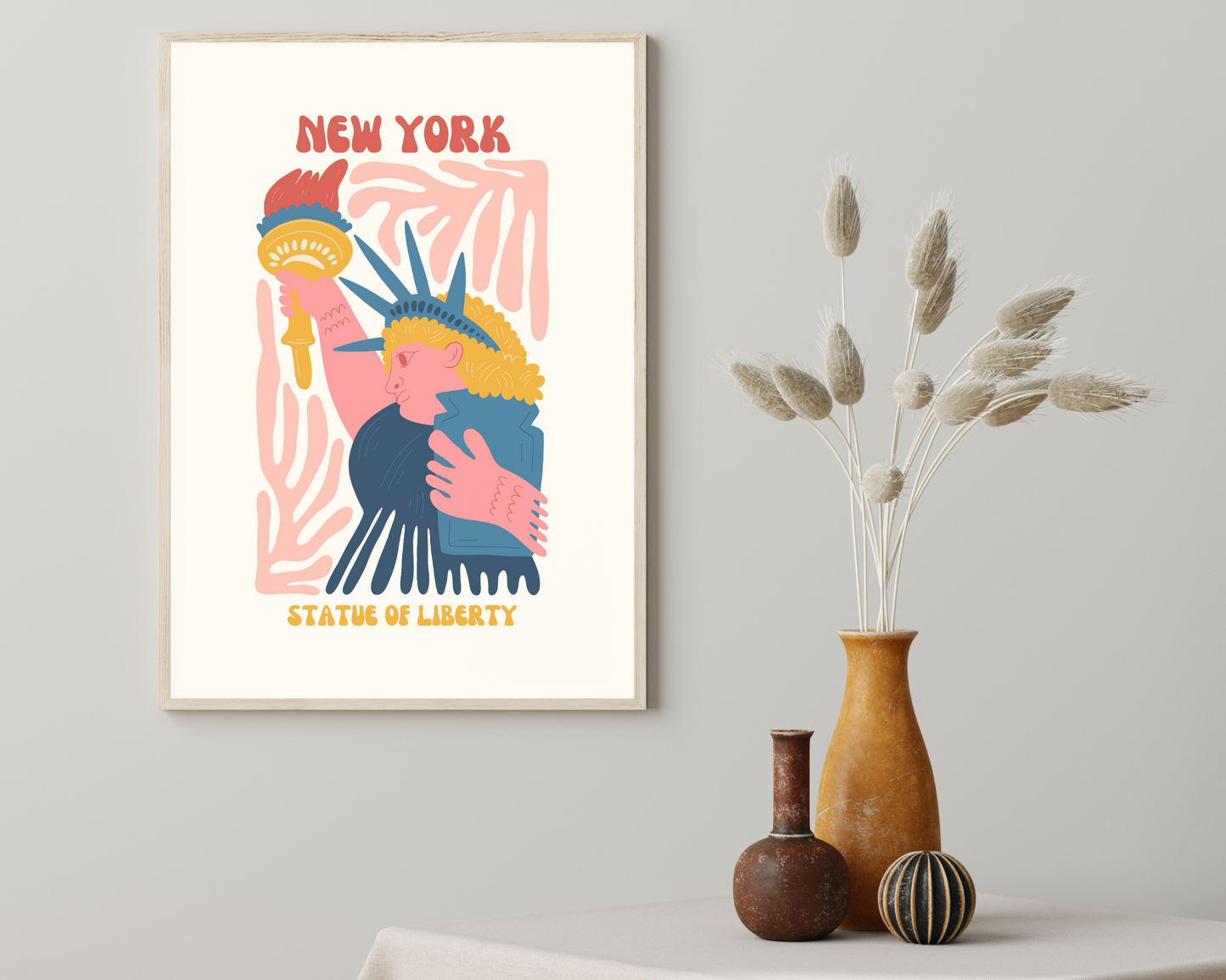 New York Statue of Liberty Floral Retro 60s Hippie Travel Print Poster - Pitchers Design