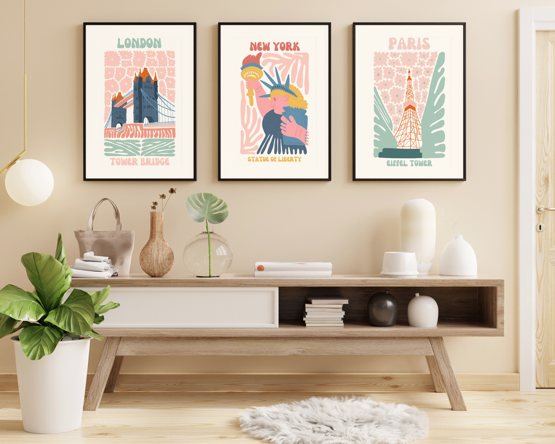 New York Statue of Liberty Floral Retro 60s Hippie Travel Print Poster - Pitchers Design