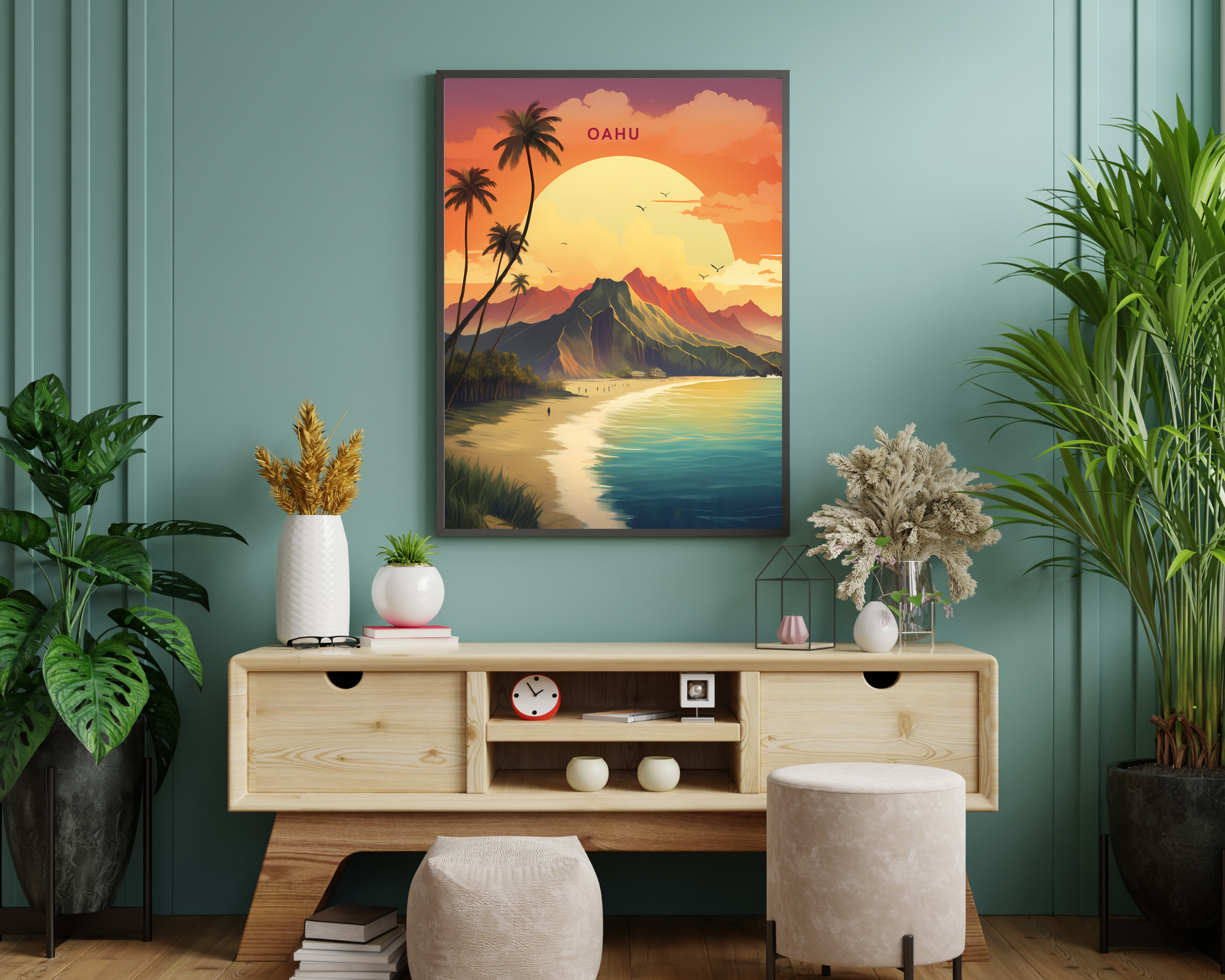 Oahu Island Hawaii Travel Poster Print - Pitchers Design