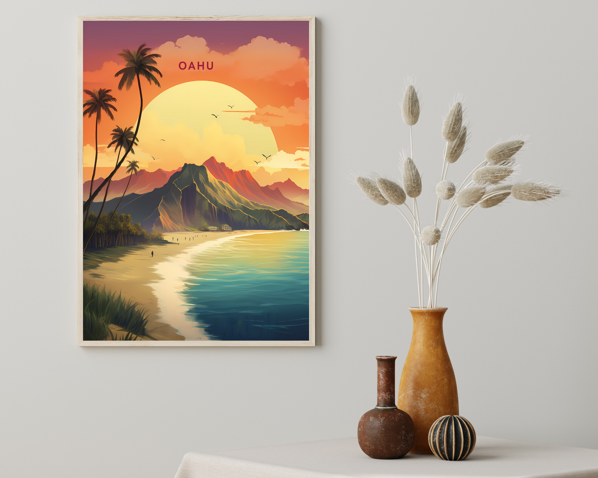 Oahu Island Hawaii Travel Poster Print - Pitchers Design