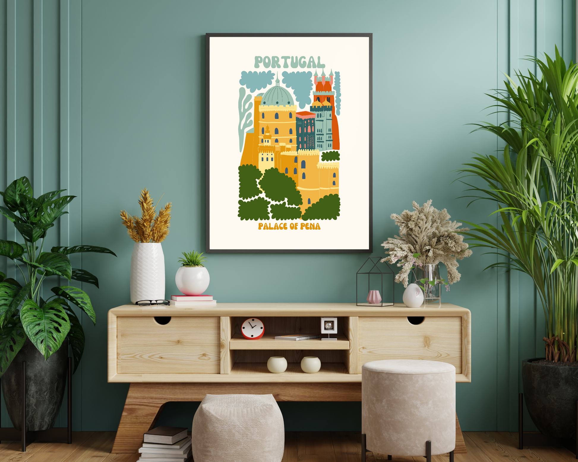 Palace of Pena Portugal Floral Retro 60s Hippie Travel Print Poster - Pitchers Design