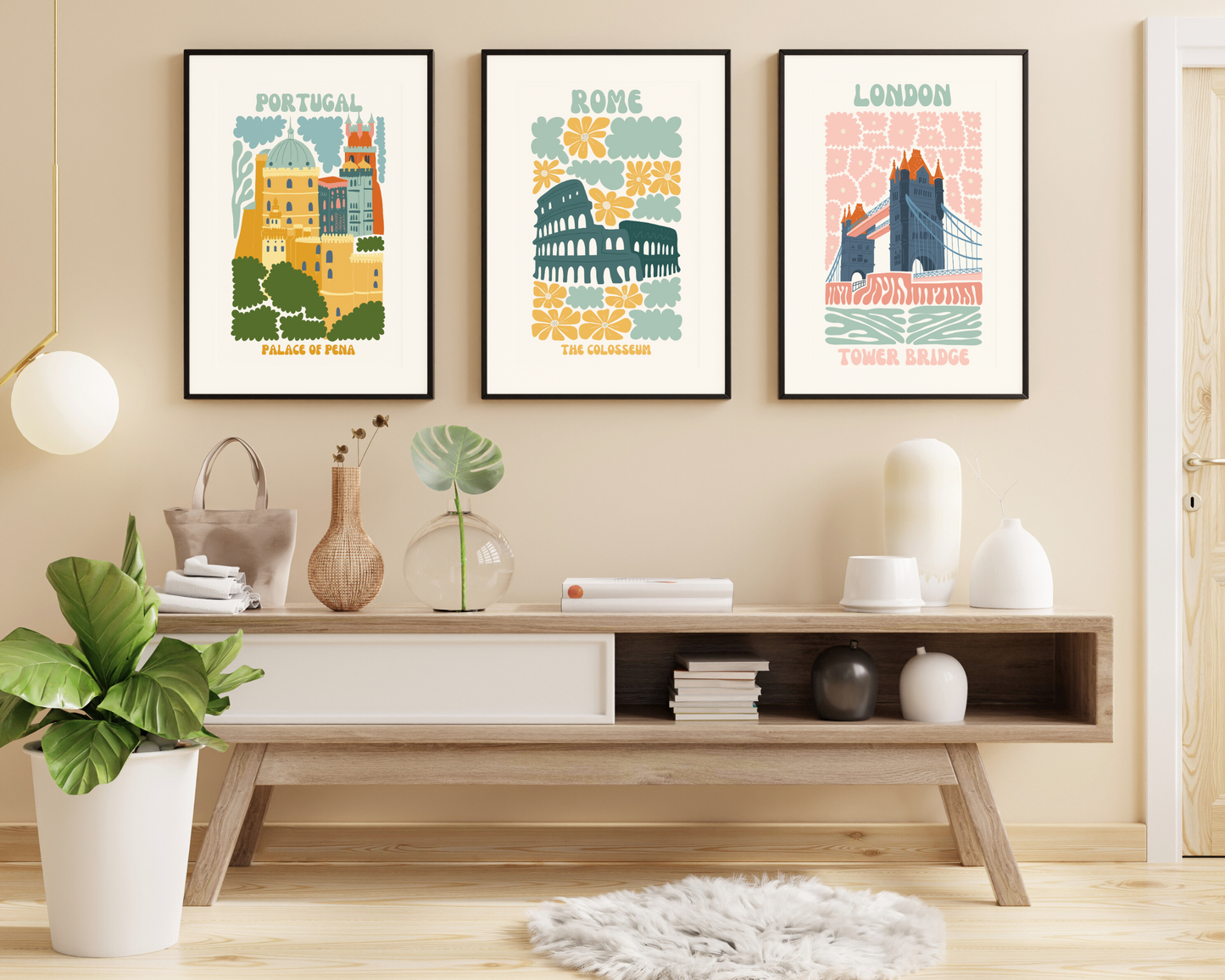 Palace of Pena Portugal Floral Retro 60s Hippie Travel Print Poster - Pitchers Design