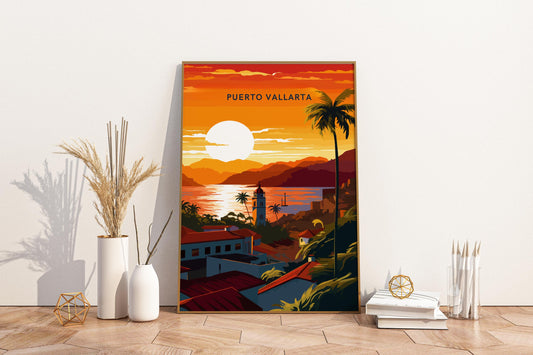 Sunset over Puerto Vallarta Mexico Travel Print Poster