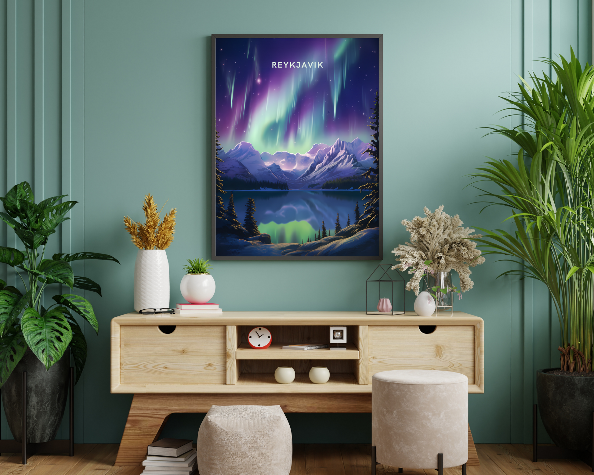 Reykjavik Northern Lights Travel Poster Print - Pitchers Design