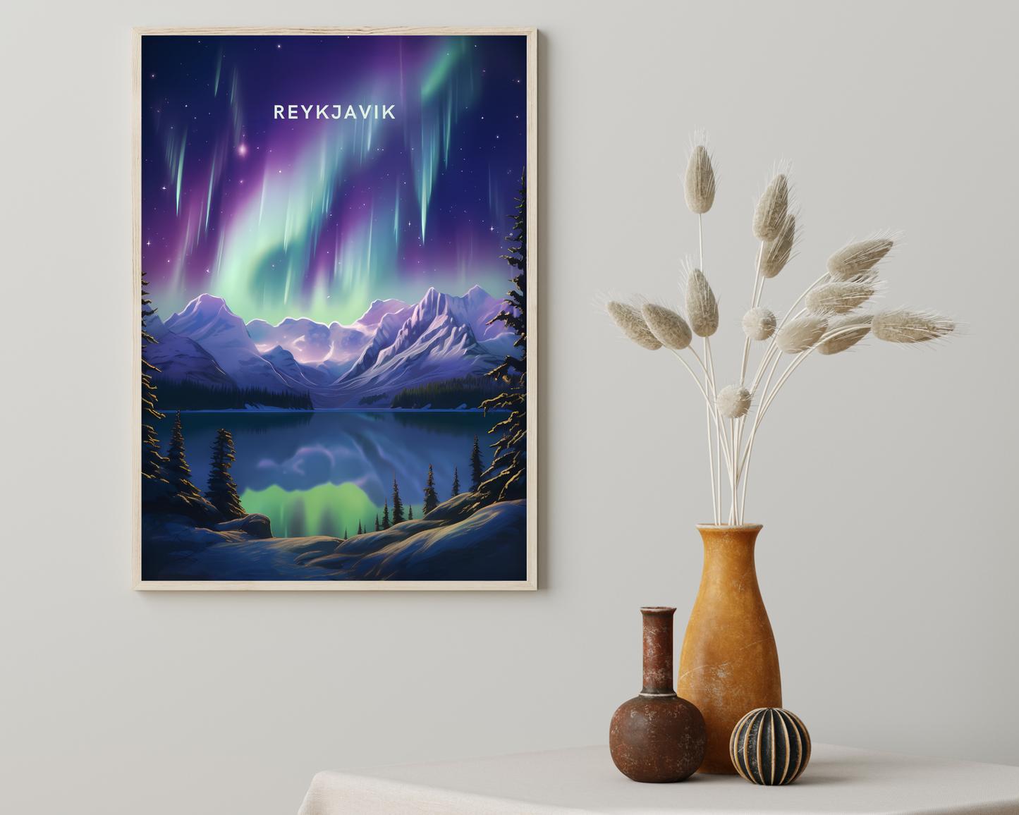 Reykjavik Northern Lights Travel Poster Print - Pitchers Design