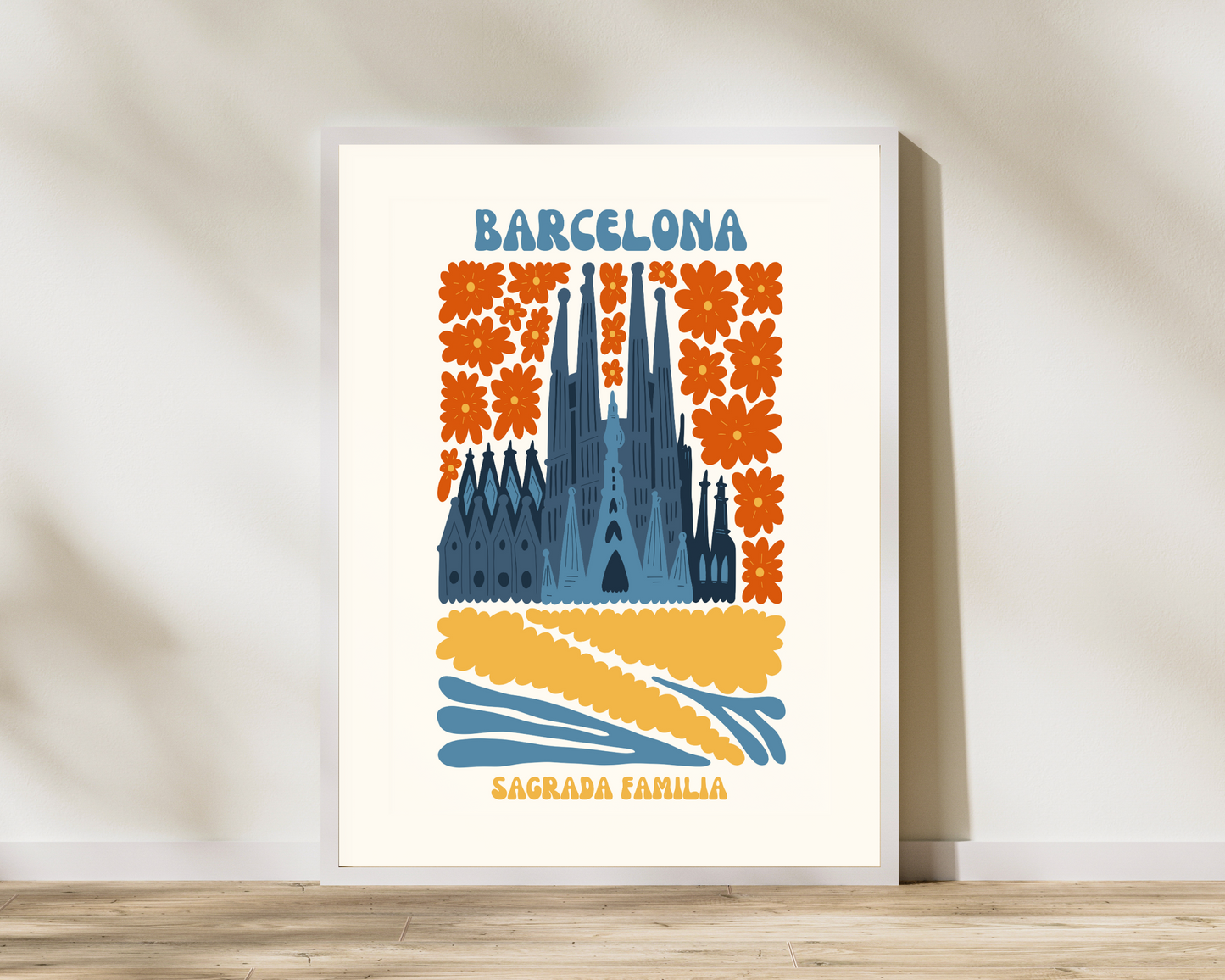 Sagrada Familia Barcelona Floral Retro 60s Hippie Travel Print Poster - Pitchers Design