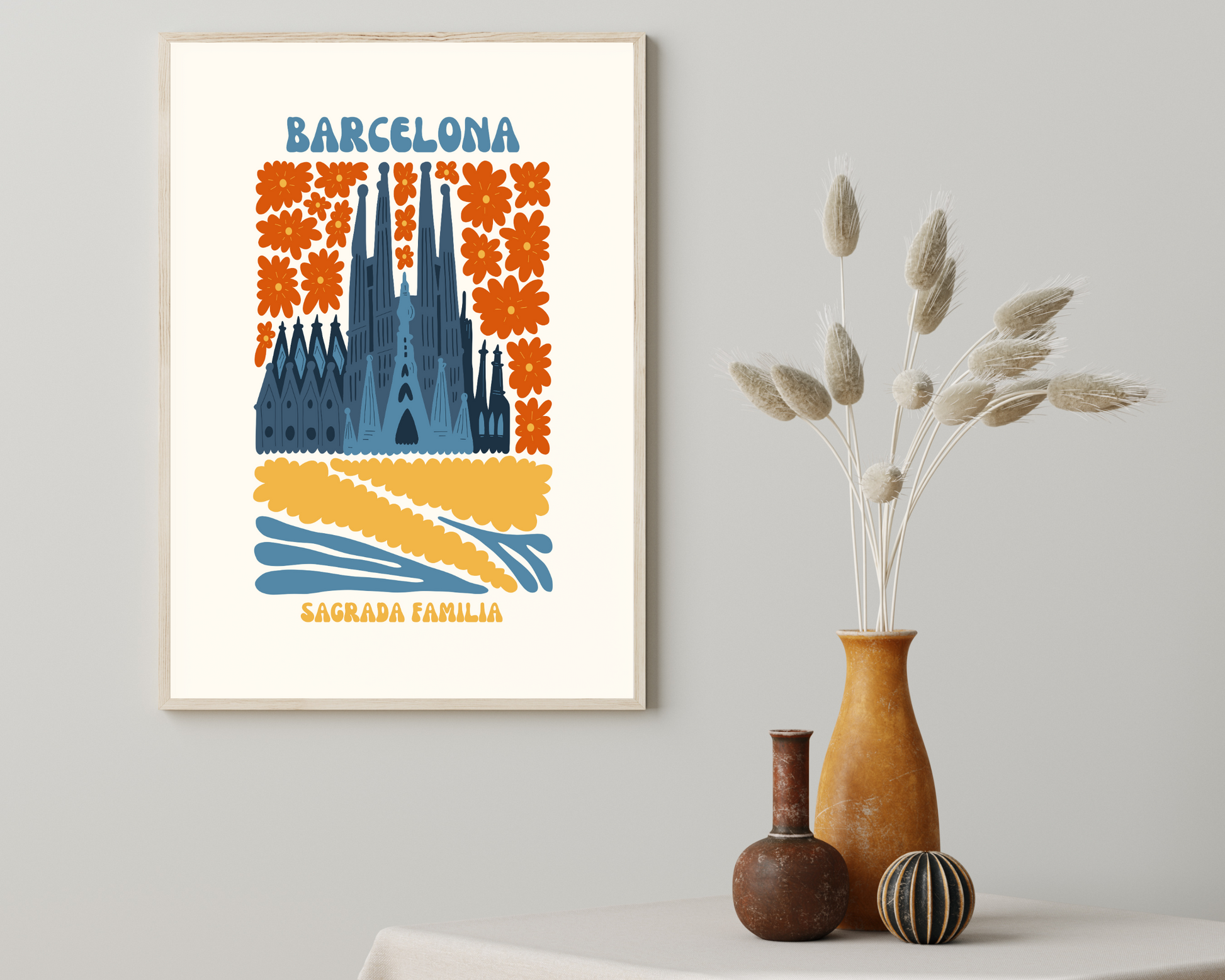 Sagrada Familia Barcelona Floral Retro 60s Hippie Travel Print Poster - Pitchers Design