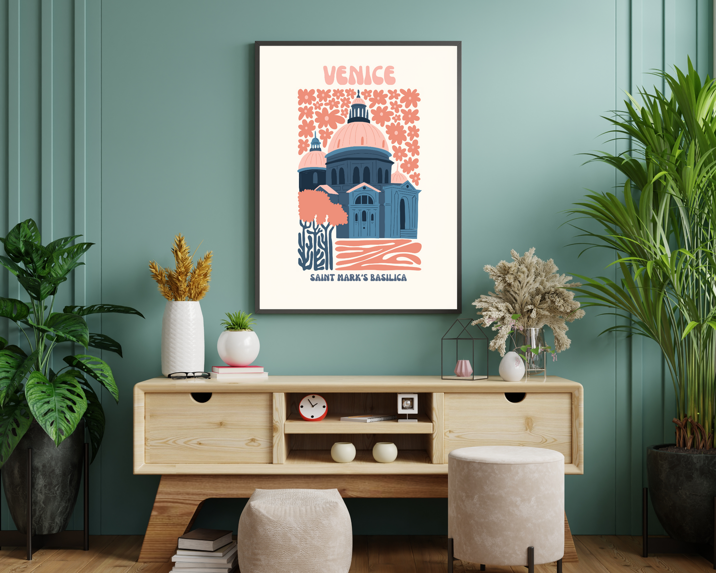 Saint Marks Basilica Venice Floral Retro 60s Hippie Travel Print Poster - Pitchers Design