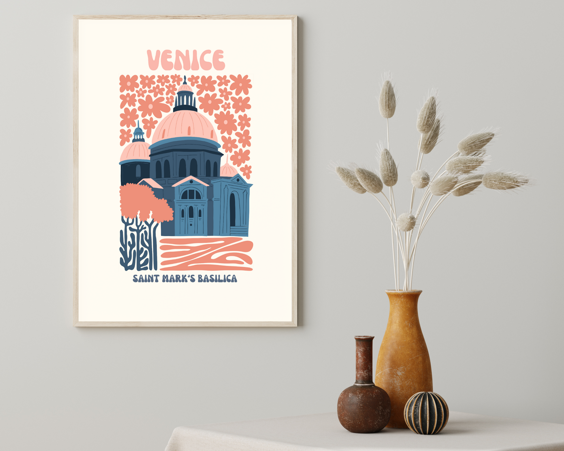 Saint Marks Basilica Venice Floral Retro 60s Hippie Travel Print Poster - Pitchers Design