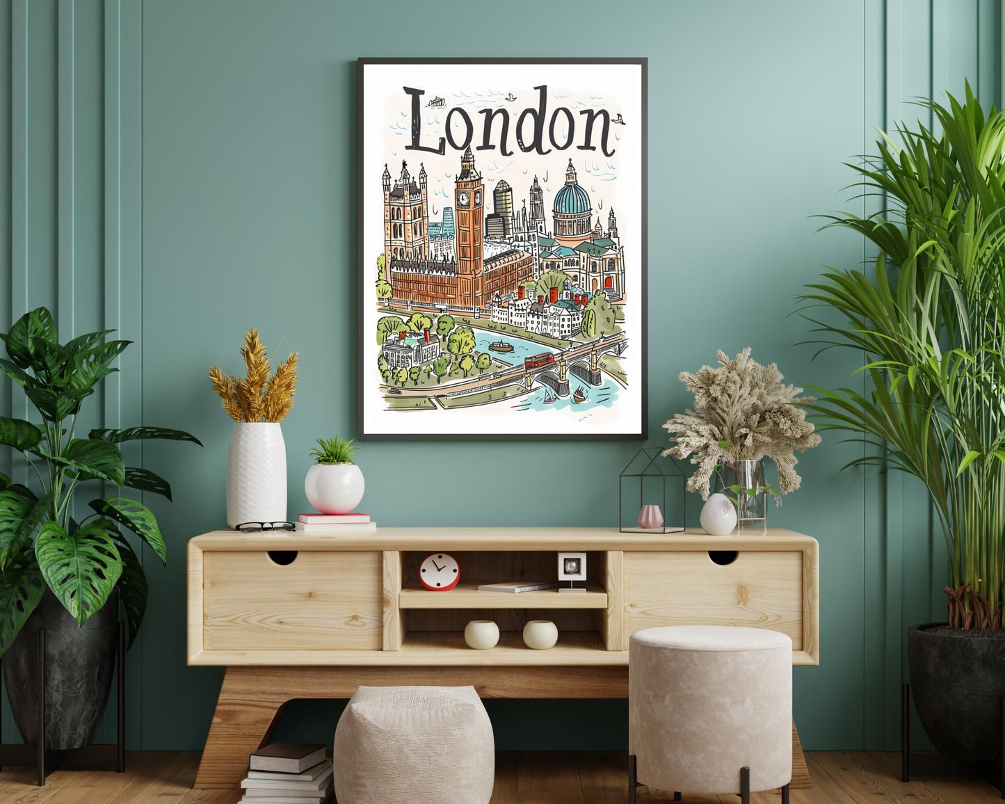 London England Illustrated Sketch Poster Print - Pitchers Design