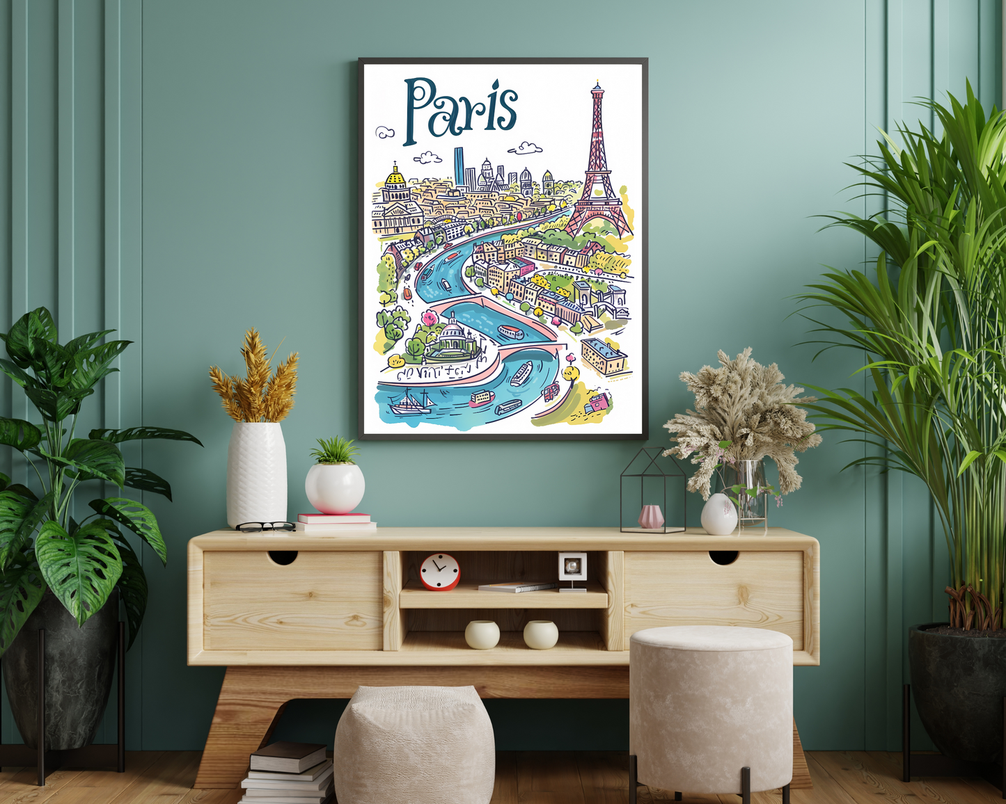 Paris France England Illustrated Sketch Print Poster - Pitchers Design