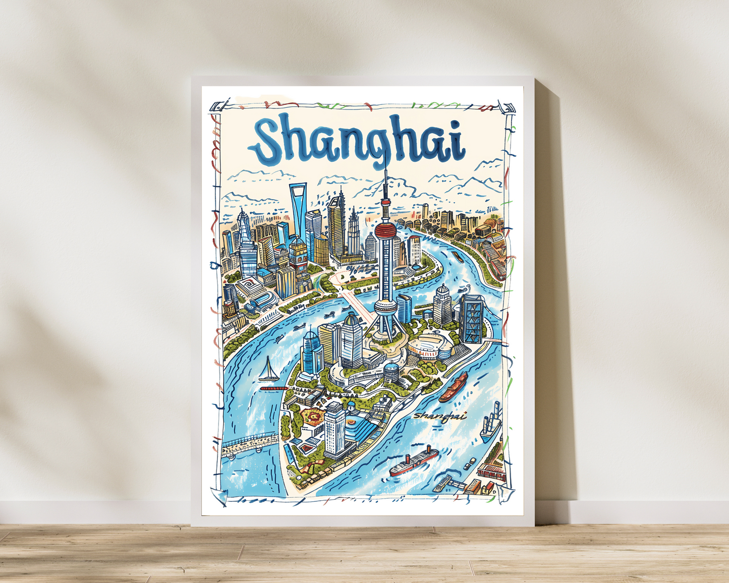 Shanghai China Illustrated Sketch Print Poster - Pitchers Design