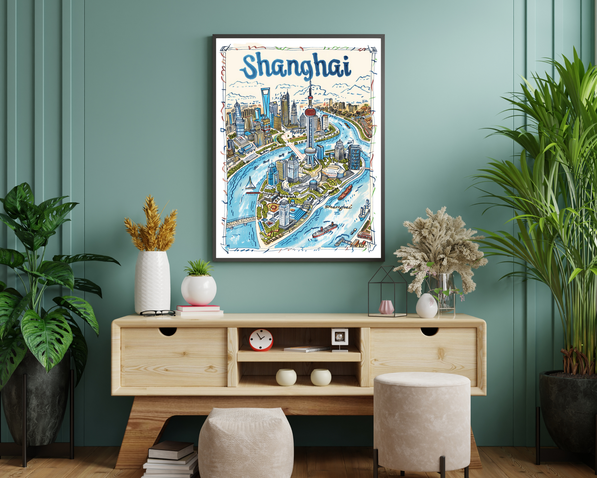 Shanghai China Illustrated Sketch Print Poster - Pitchers Design