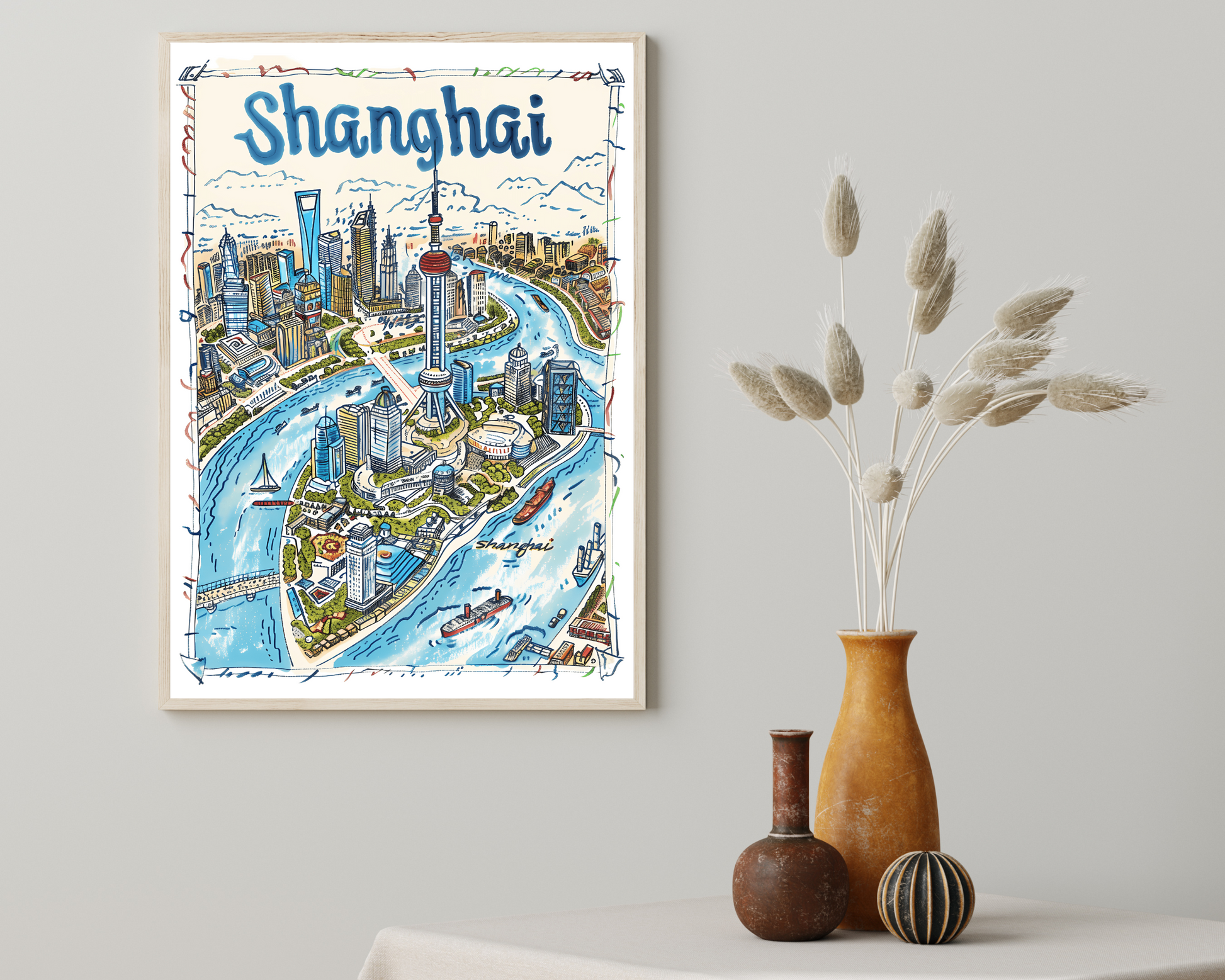 Shanghai China Illustrated Sketch Print Poster - Pitchers Design