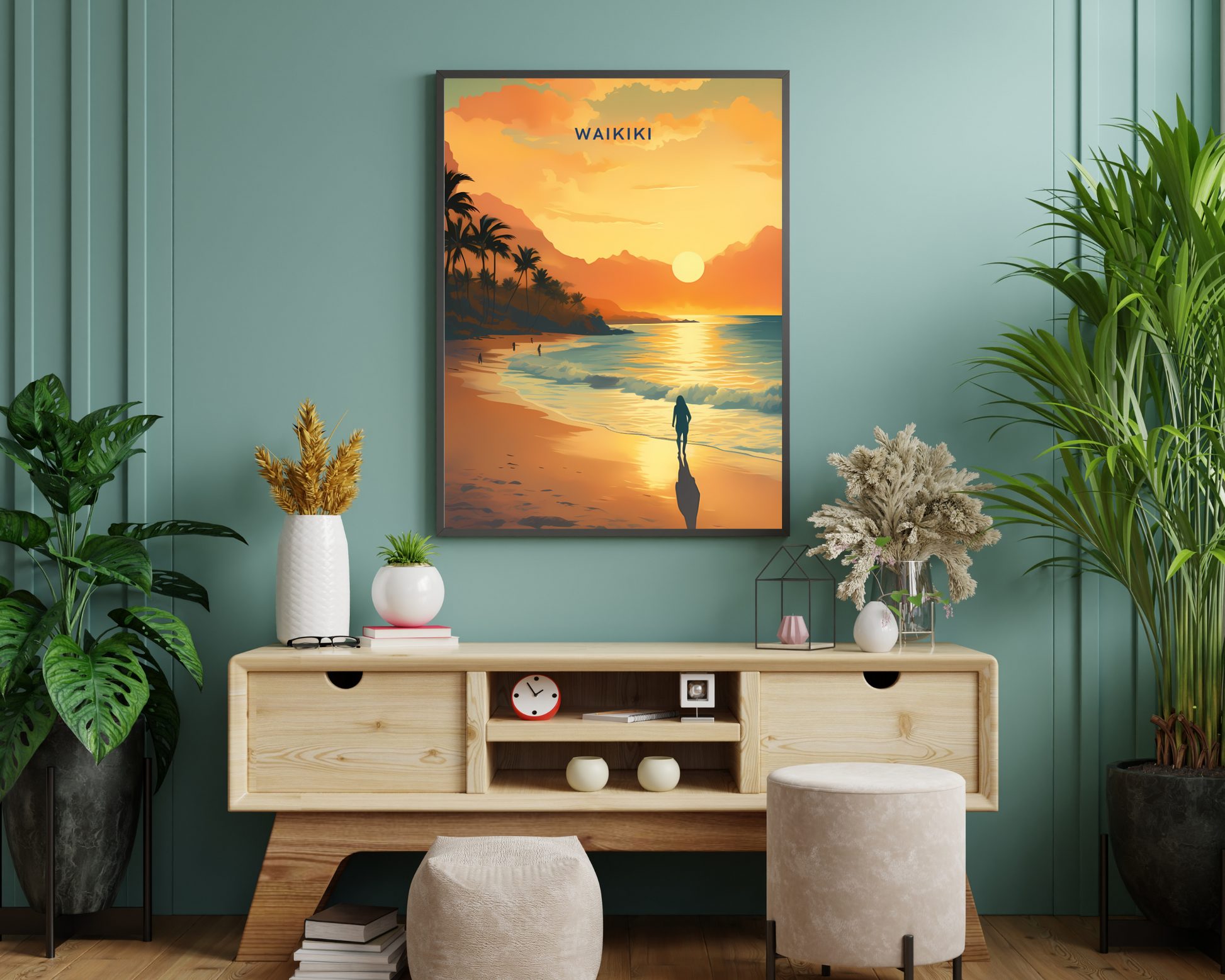 Waikiki Beach Hawaii Travel Poster Print - Pitchers Design