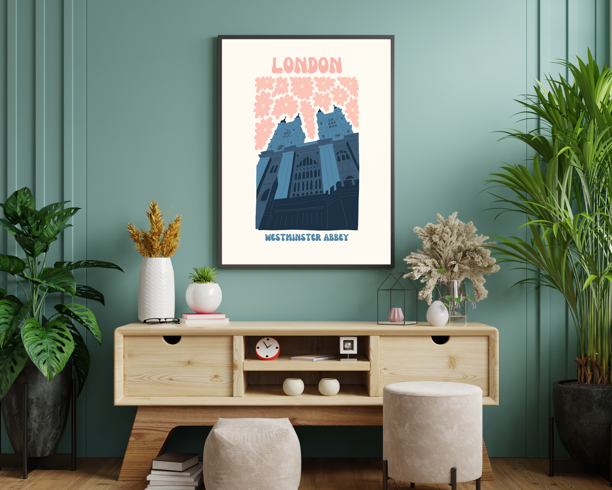 Westminster Abbey London Floral Retro 60s Hippie Travel Print Poster - Pitchers Design