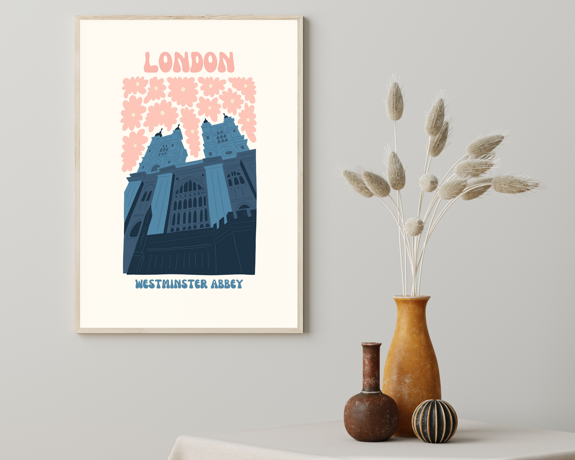 Westminster Abbey London Floral Retro 60s Hippie Travel Print Poster - Pitchers Design